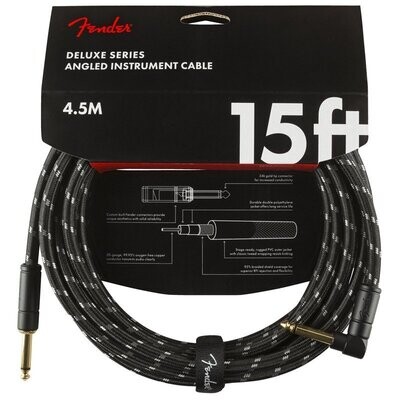 Fender Instrument Cable, 15FT / 4.5M Delux Series Lead, Jack Male-Right Angle Jack Male, BLACK TWEED