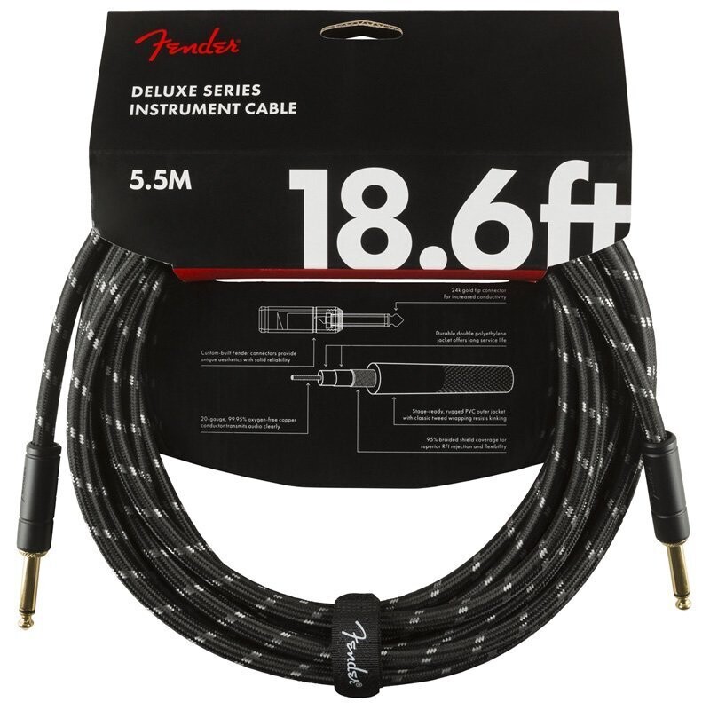 Fender Instrument Cable, 18.6FT / 5.5M Delux Series Lead, Jack Male-Jack Male, BLACK TWEED