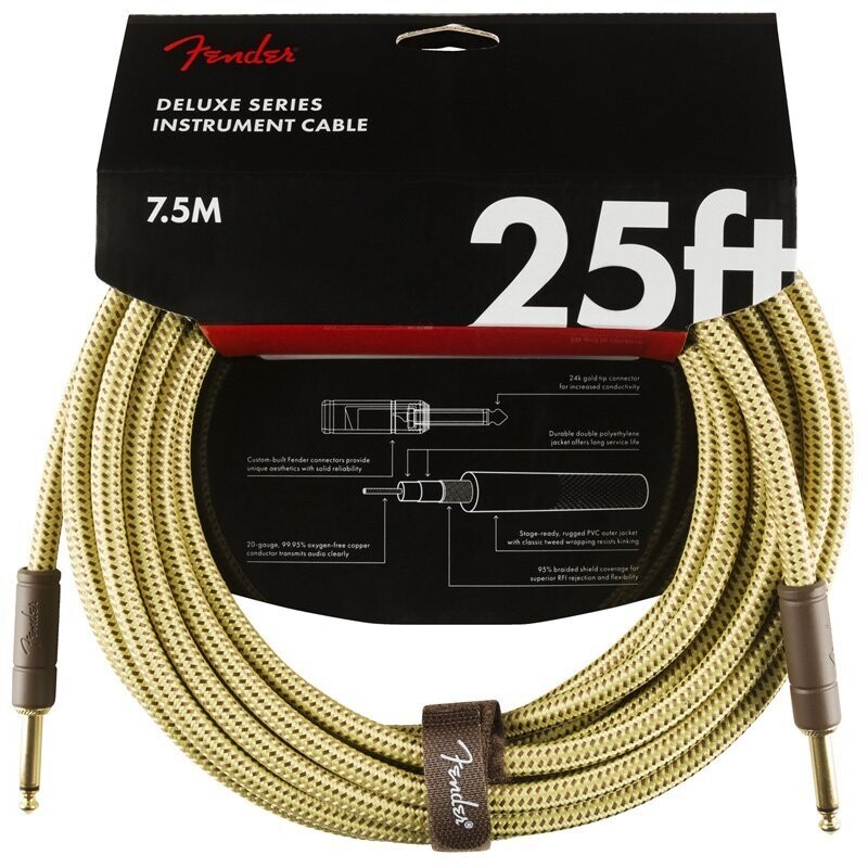 Fender Instrument Cable, 25FT / 7.5M Delux Series Lead, Jack Male-Jack Male, TWEED
