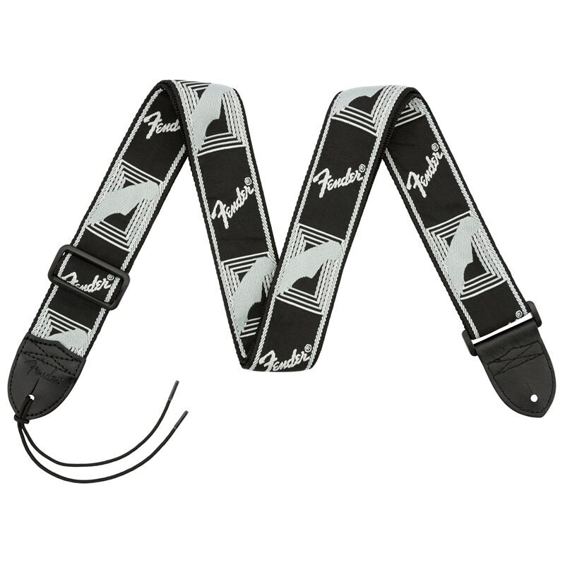 Fender Guitar Strap, Black-Light Grey-Dark Grey Running Logo, Polyester, Leather Ends