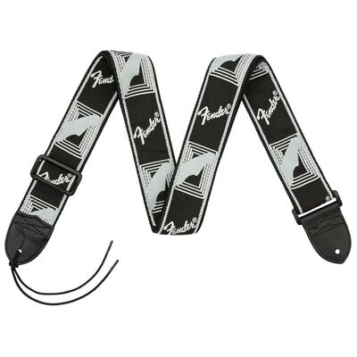Fender Guitar Strap, Black-Light Grey-Dark Grey Running Logo, Polyester, Leather Ends