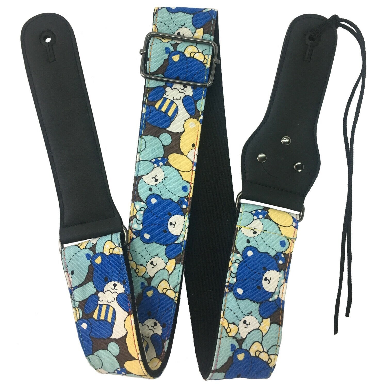 Guitar Strap RockYou Teddy Bear Denim Leatherette Ends, Pick Holder, BLUE