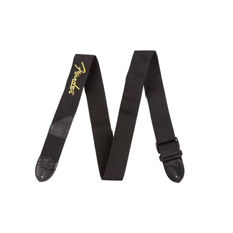 Fender Guitar Strap, Black Polyester, Leather Ends, Yellow Fender Logo