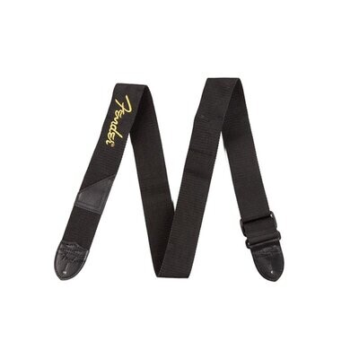 Fender Guitar Strap, Black Polyester, Leather Ends, Yellow Fender Logo