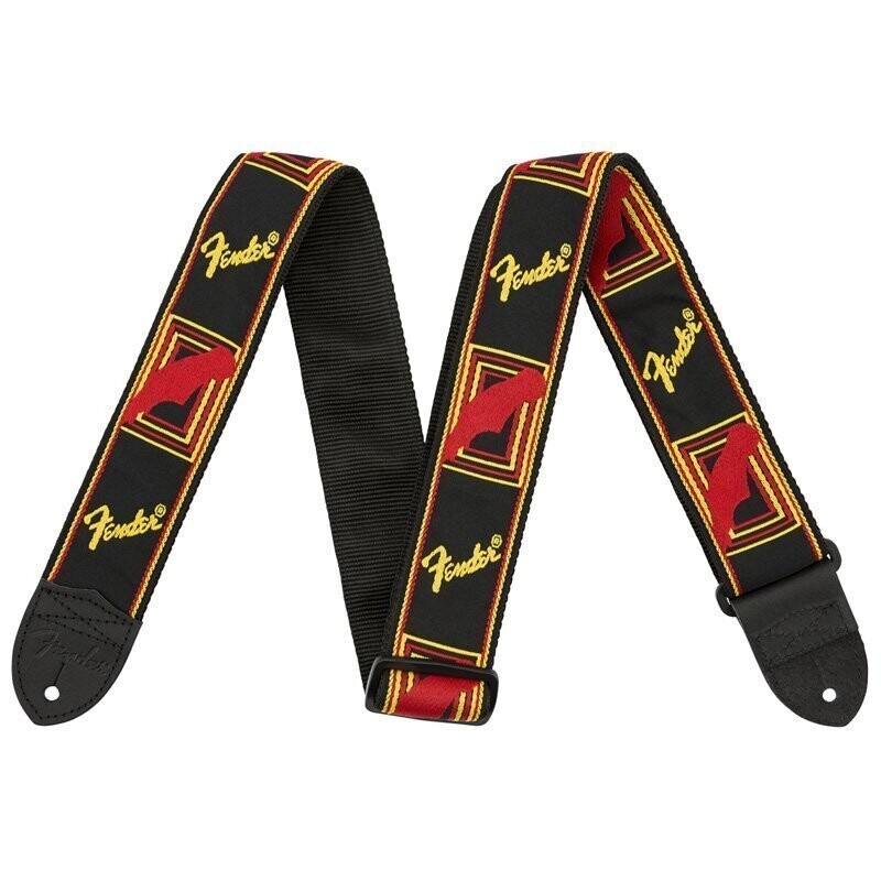 Fender Guitar Strap, Black-Yellow-Red Running Logo, Polyester, Leather Ends