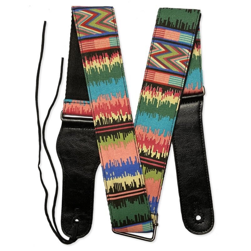 RockYou 2&quot; Denim Adjustable Guitar Strap, Pic Holder, Leatherette Ends, MULTI-COLOURED