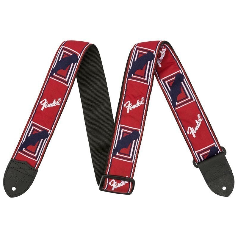 Fender Guitar Strap, Red-White-Blue Running Logo, Polyester, Leather Ends