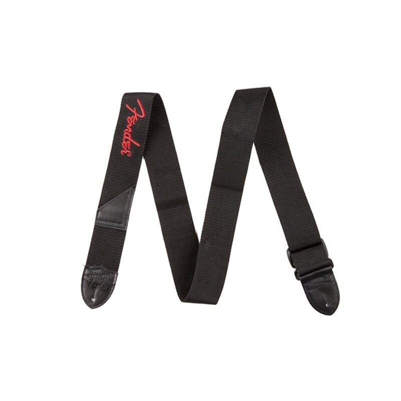Fender Guitar Strap, Black Polyester, Leather Ends, Red Fender Logo