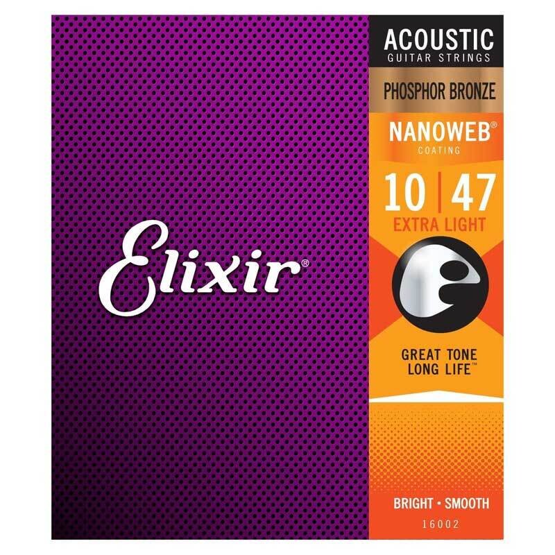 Elixir E16002 Nanoweb Extra Light Acoustic Guitar Strings, Phosphor Bronze, 10-47