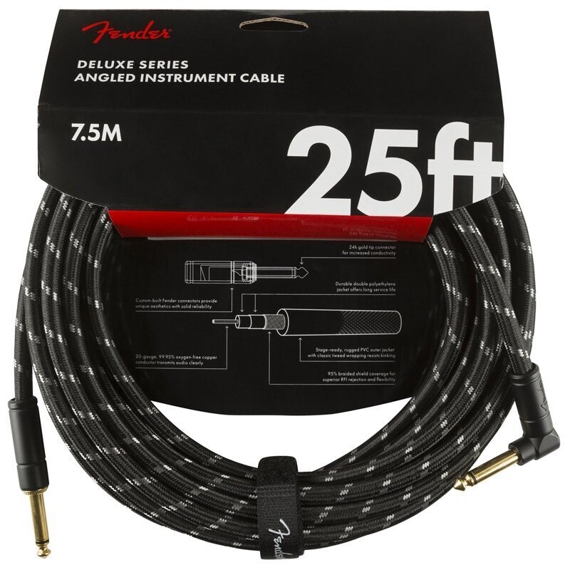 Fender Instrument Cable, 25FT / 7.5M Delux Series Lead, Jack Male-Right Angle Jack Male, BLACK TWEED