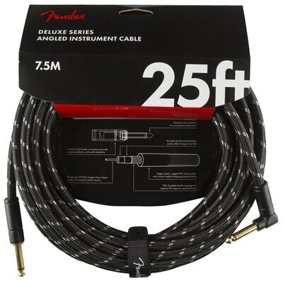 Fender Instrument Cable, 25FT / 7.5M Delux Series Lead, Jack Male-Right Angle Jack Male, BLACK TWEED