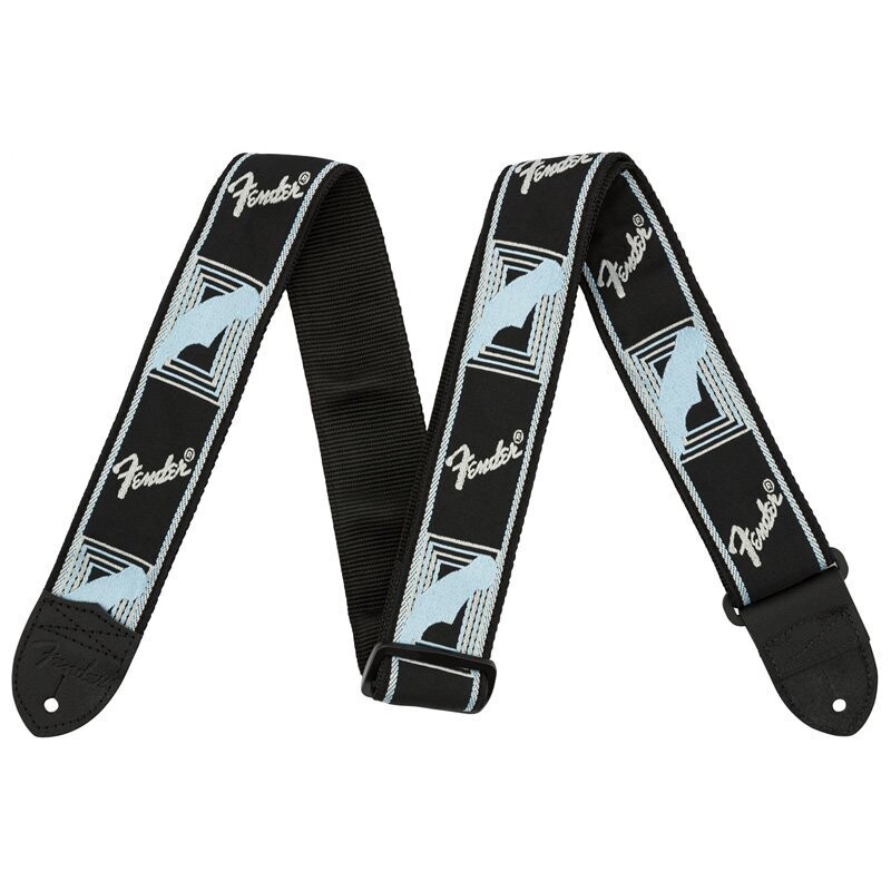 Fender Guitar Strap, Black-Light Grey-Blue Running Logo, Polyester, Leather Ends