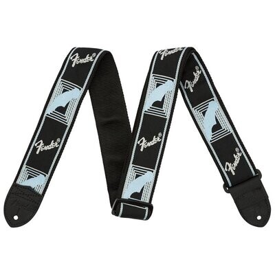 Fender Guitar Strap, Black-Light Grey-Blue Running Logo, Polyester, Leather Ends