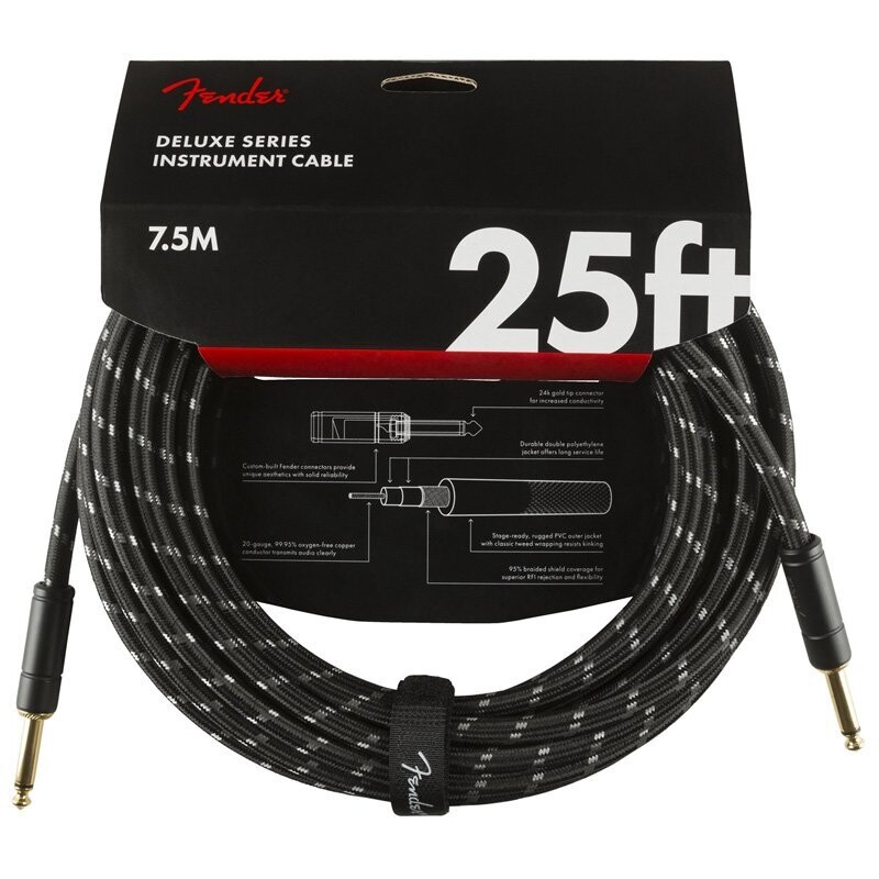 Fender Instrument Cable, 25FT / 7.5M Delux Series Lead, Jack Male-Jack Male, BLACK TWEED