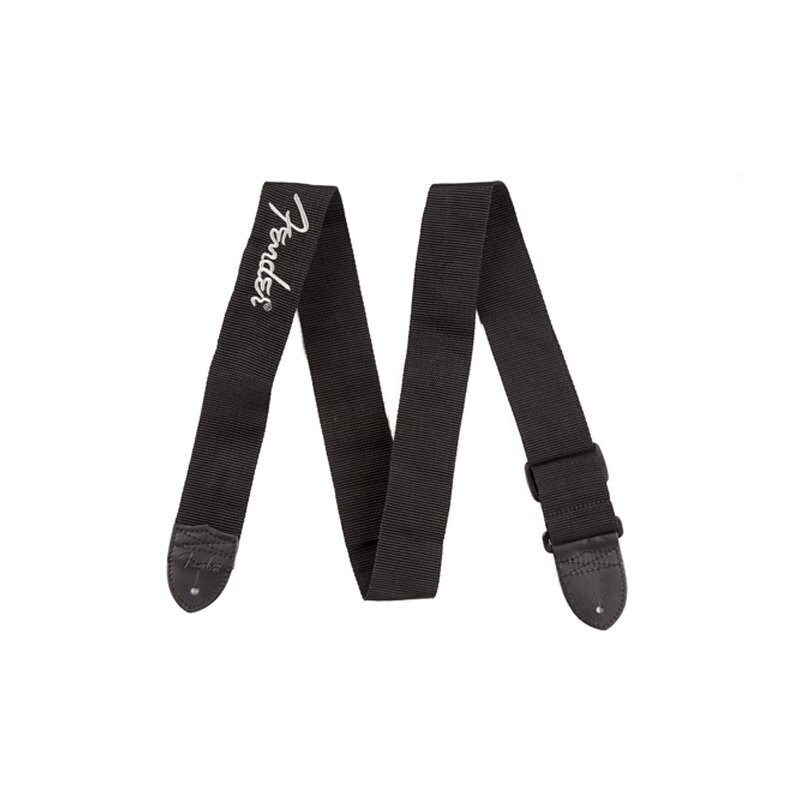 Fender Guitar Strap, Black Polyester, Leather Ends, Grey Fender Logo