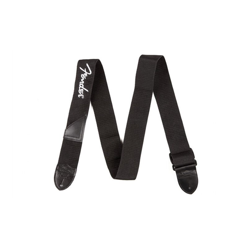 Fender Guitar Strap, Black Polyester, Leather Ends, White Fender Logo