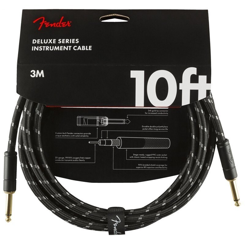 Fender Instrument Cable, 10FT / 3M Deluxe Series Lead, Jack Male-Jack Male, BLACK TWEED