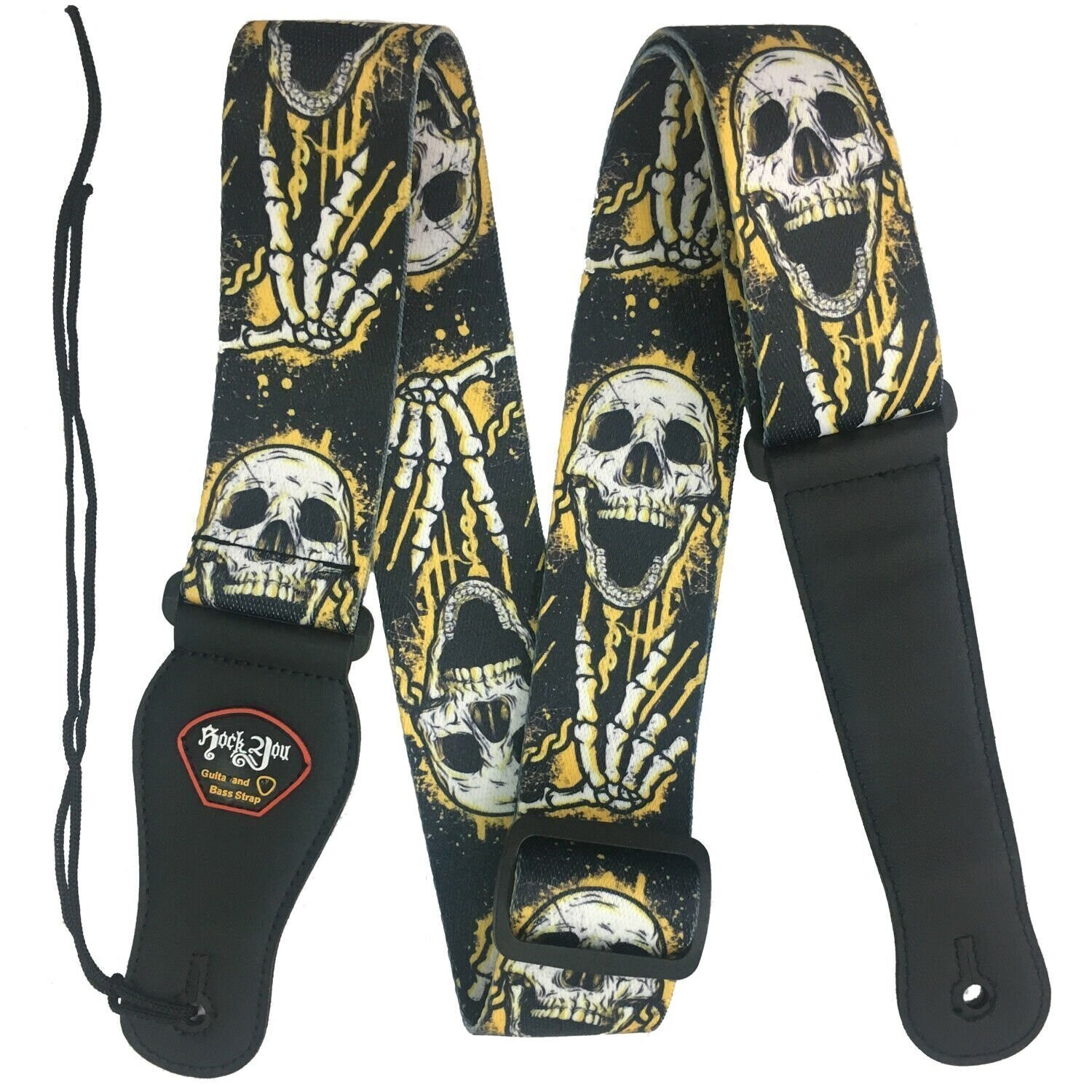 Guitar Strap RockYou Leatherette Ends and Pick Holder, Width: 2&quot; - SKULL