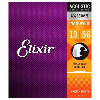 Elixir E11102 Nanoweb Medium Acoustic Guitar Strings, 80/20 Bronze, 13-56