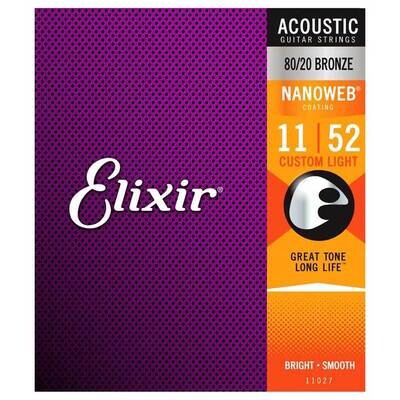 Elixir E11027 Nanoweb Custom Light Acoustic Guitar Strings, 80/20 Bronze, 11-52