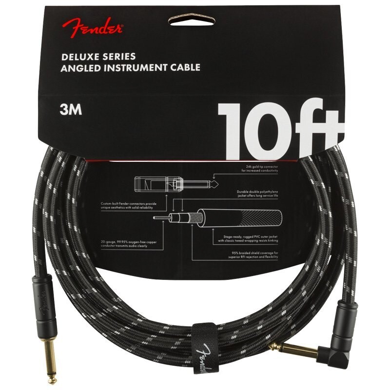 Fender Instrument Cable, 10FT / 3M Delux Series Lead, Jack Male-Right Angle Jack Male, BLACK TWEED