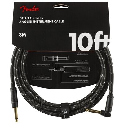 Fender Instrument Cable, 10FT / 3M Delux Series Lead, Jack Male-Right Angle Jack Male, BLACK TWEED