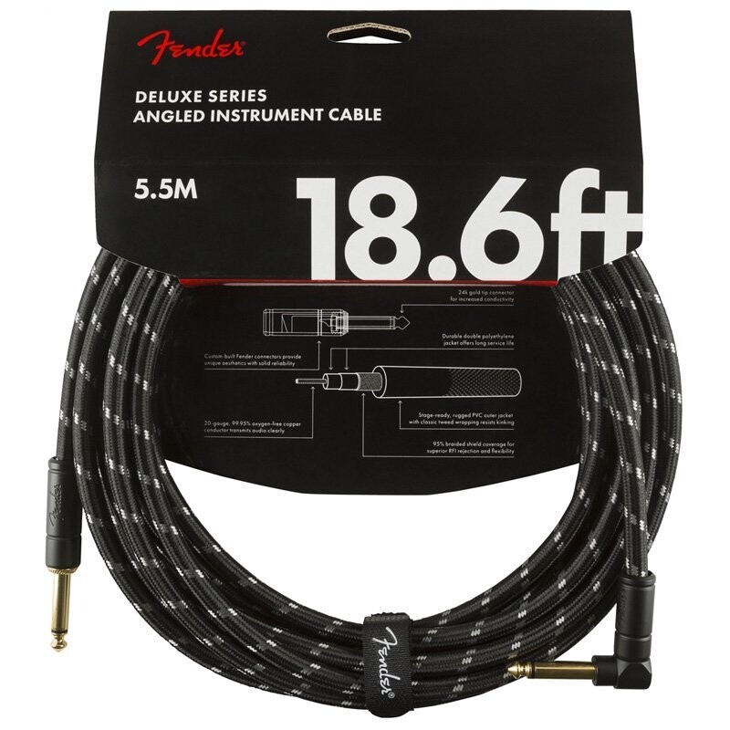 Fender Instrument Cable, 18.6FT / 5.5M Delux Series Lead, Jack Male-Right Angle Jack Male, BLACK TWEED