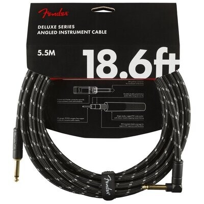 Fender Instrument Cable, 18.6FT / 5.5M Delux Series Lead, Jack Male-Right Angle Jack Male, BLACK TWEED