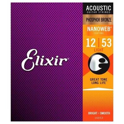 Elixir E16052 Nanoweb Light Acoustic Guitar Strings, Phosphor Bronze, 12-53