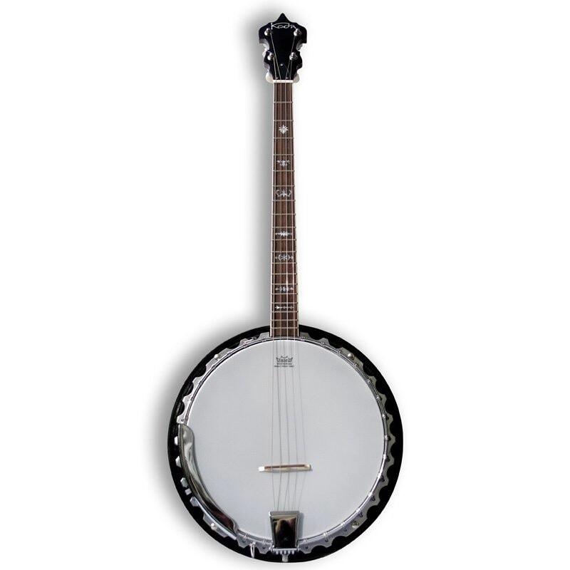 Koda 4 String Banjo, 24 Brackets, 19 Fret, Solid Wood Rim with Twin Brass Coordinator Rods, Clam Tail Piece