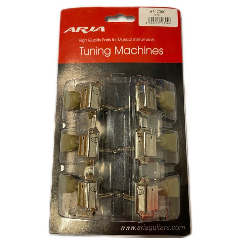 Aria Acoustic and Electric Guitar Machine Head Set (L3:R3), Chrome with Plastic Buttons