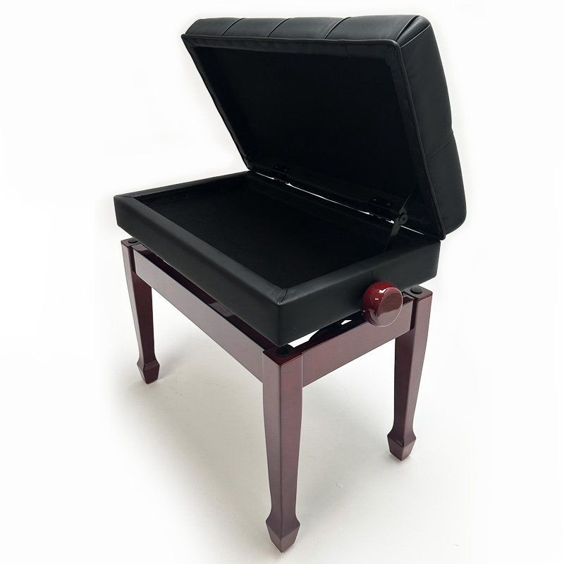 Steinhoven “SYMPHONY” Adjustable Piano Stool With Book Storage, Polished Mahogany, Black Top