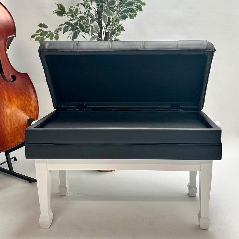Steinhoven “CONCERTO” Adjustable Double Piano Bench with Book Storage, Polished White, Black Top