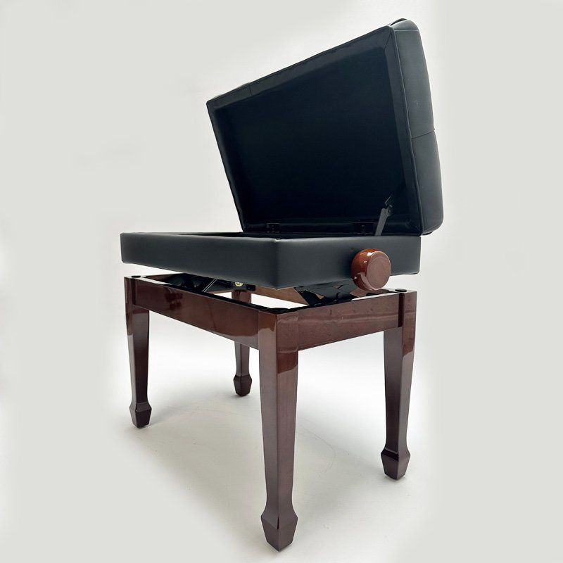 Steinhoven “SYMPHONY” Adjustable Piano Stool With Book Storage, Polished Walnut, Black Top