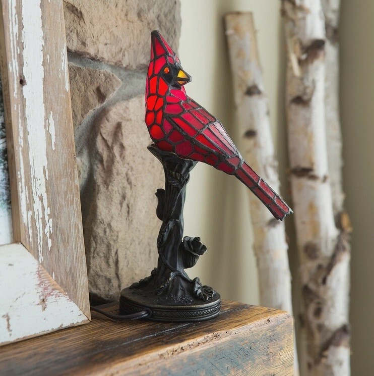 13.5&quot;H  Red Cardinal Stained Glass Tiffany Lamp