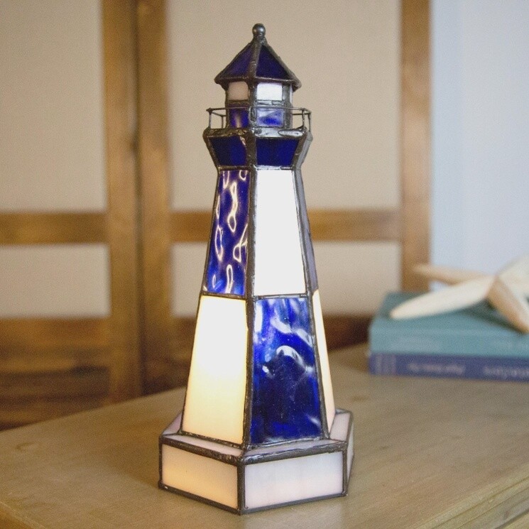 10.4&quot;H Blue &amp; White Stained Glass Lighthouse Tiffany Lamp