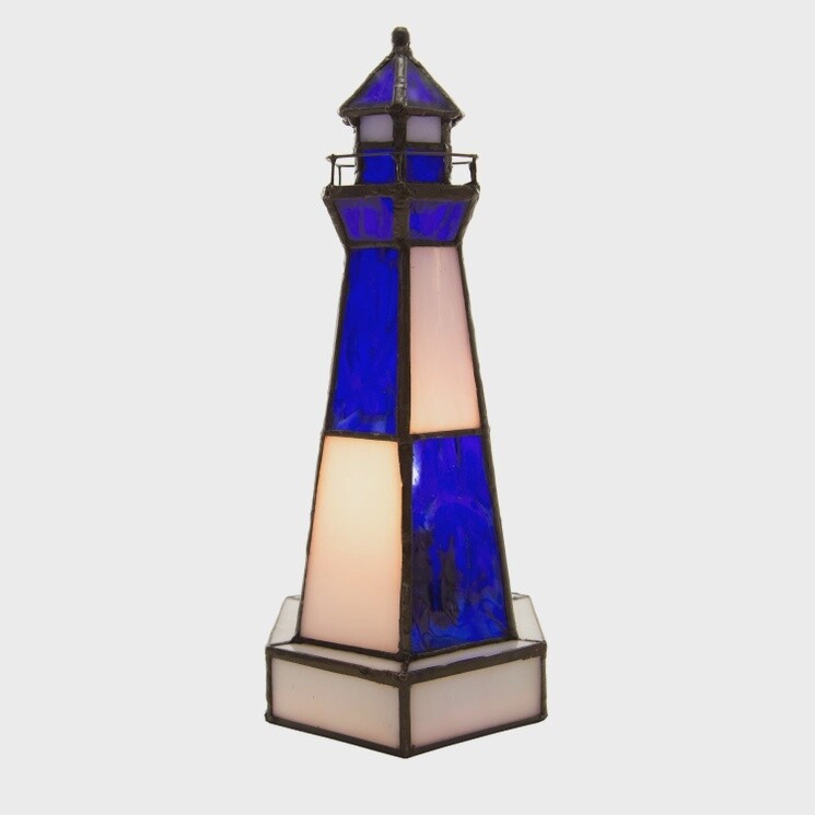 10.4"H Blue &amp; White Stained Glass Lighthouse Tiffany Lamp