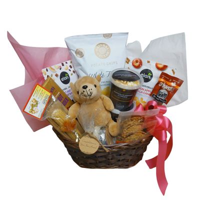 New Parents Gift Basket with plush toy, baby care, popcorn, chips and snacks