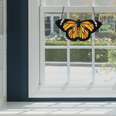 Yellow & Orange Butterfly Stained Glass Window Panel 6.5"H