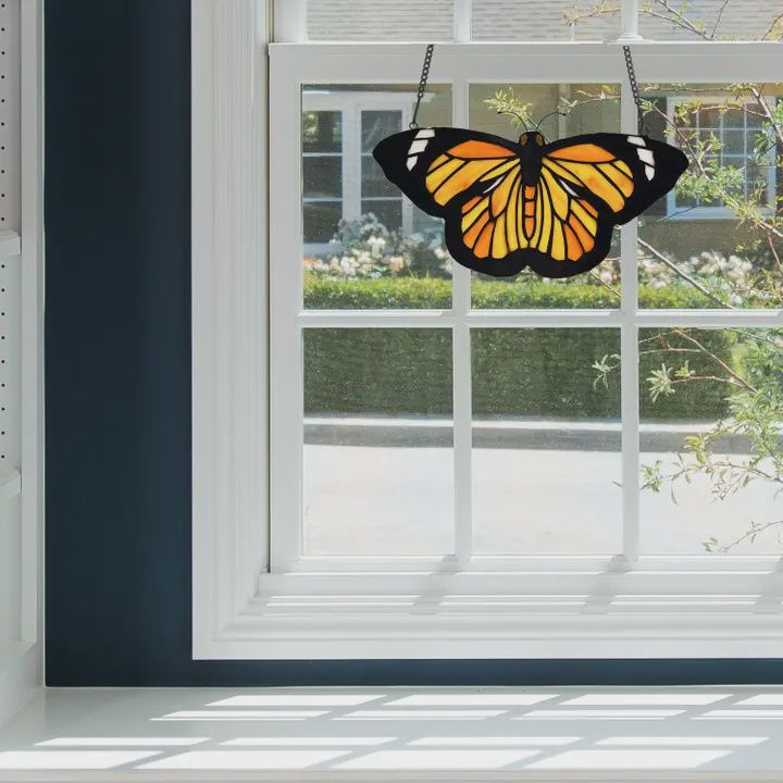 Yellow &amp; Orange Butterfly Stained Glass Window Panel 6.5"H