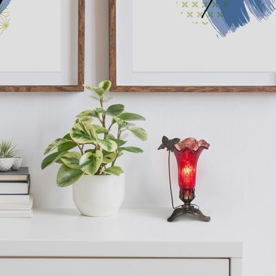 9"H Red Hand Blown Mercury Glass Butterfly Lily Tiffany Lamp