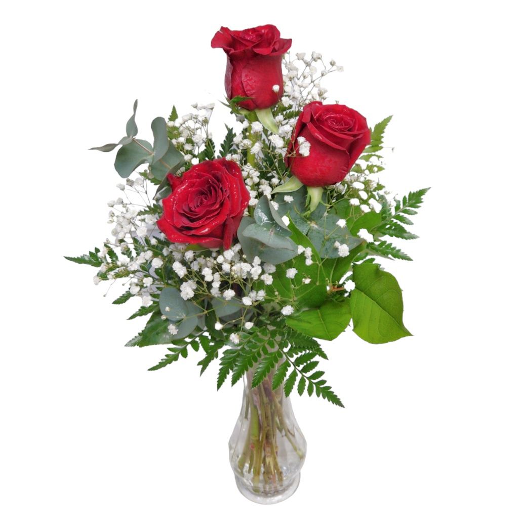Inviting Hearts - 3 Rose Vase Arrangement