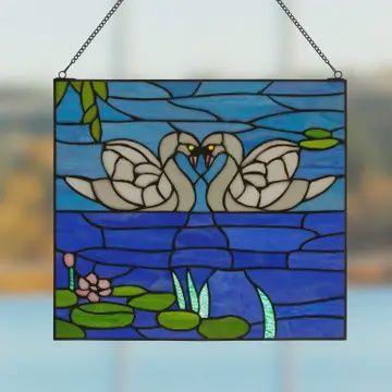 Romantic White Swans Stained  Glass  Window Panel