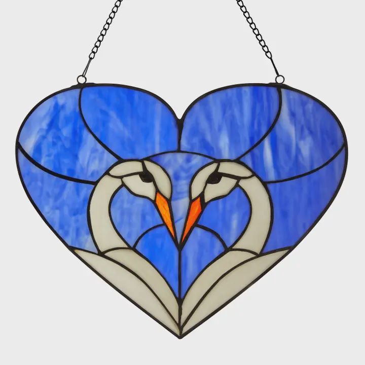 15.5" Loving Swans Heart Stained Glass Window Panel