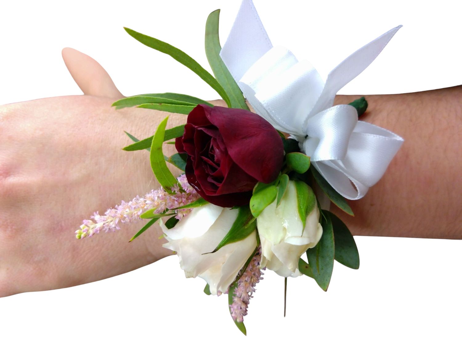 Royal White and Red Eucalyptus Corsage or Fancy Red and White