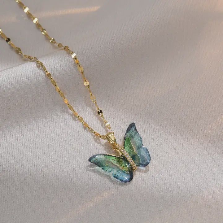 Colorful Butterfly Pendant Necklace in Stainless Steel Gold
