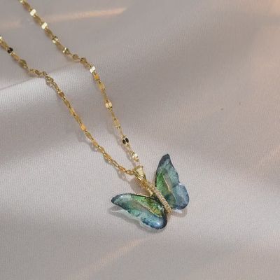 Colorful Butterfly Pendant Necklace in Stainless Steel Gold