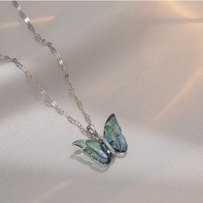 Colorful Butterfly Pendant Necklace in Stainless Steel Silver