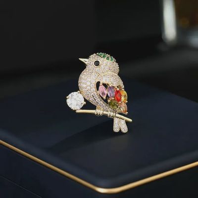 Colorful Gemstone Bird Brooch in Solid Copper
