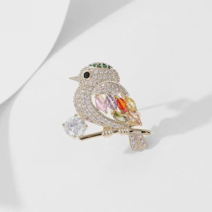 Colorful Gemstone Bird Brooch in Solid Copper